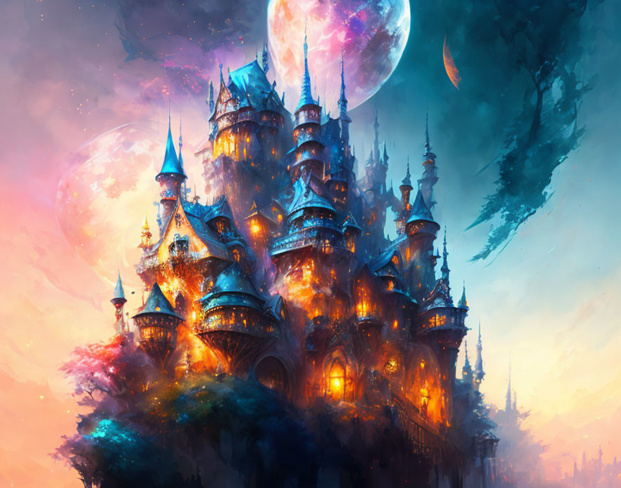 Fantastical castle with spires under vibrant sky and colorful nebulas