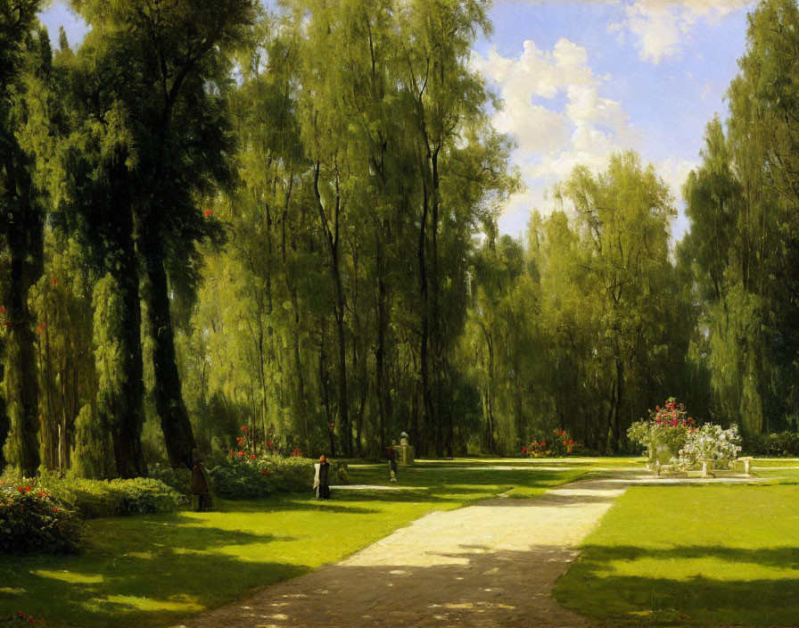 Tranquil park landscape with trees, path, flowers, and sky. Two individuals walking.