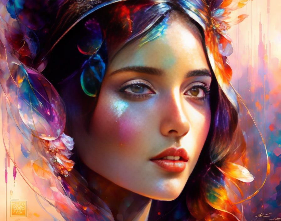 Colorful digital portrait of a woman with feather-like details on radiant backdrop