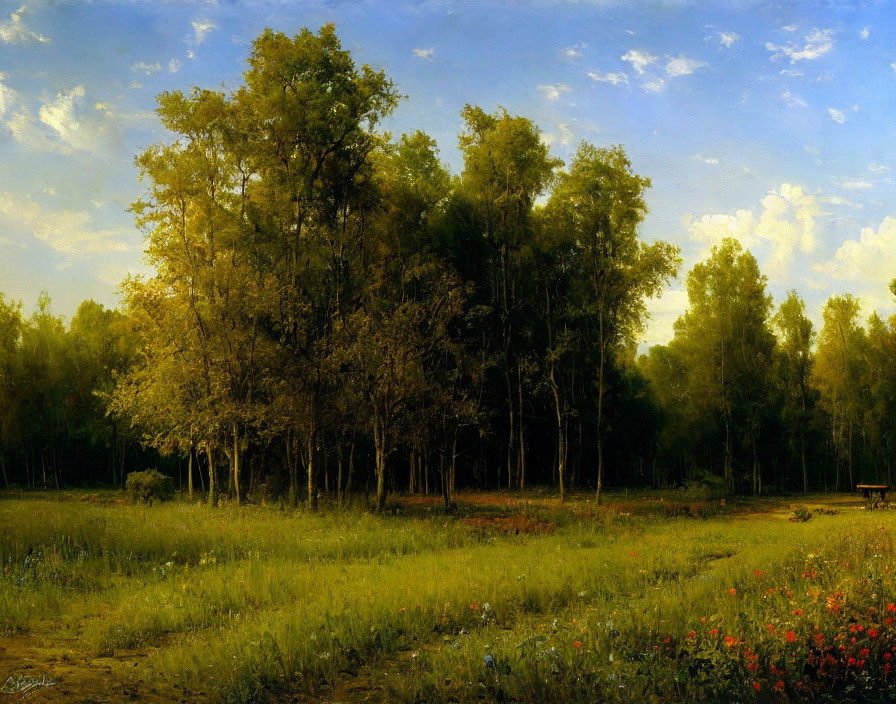 Tranquil landscape: lush meadow, tall trees, clear sky, red flowers.