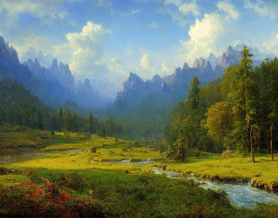 Serene river landscape with mountains and flowers