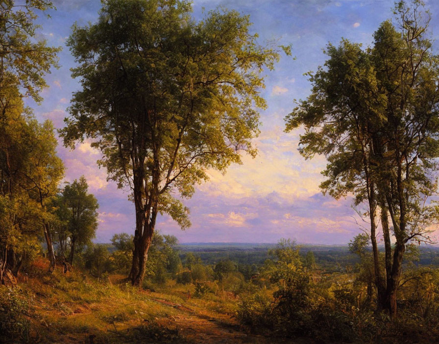 Tranquil landscape painting: towering trees, gentle slope, purple sky, distant horizon