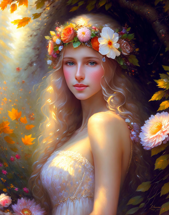 Woman portrait with floral crown amid autumn leaves & flowers