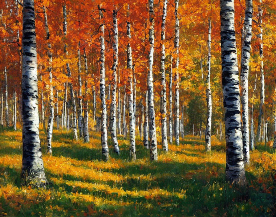 Scenic autumn forest with birch trees and golden leaves under sunlight