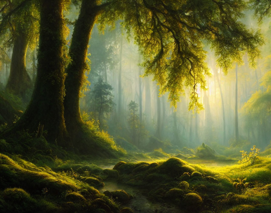 Lush green forest with sunlight filtering through