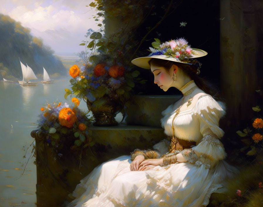 Elegantly dressed woman by riverbank with sailboats in the distance