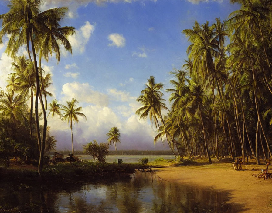 Tranquil tropical river scene with palm trees and daily activities