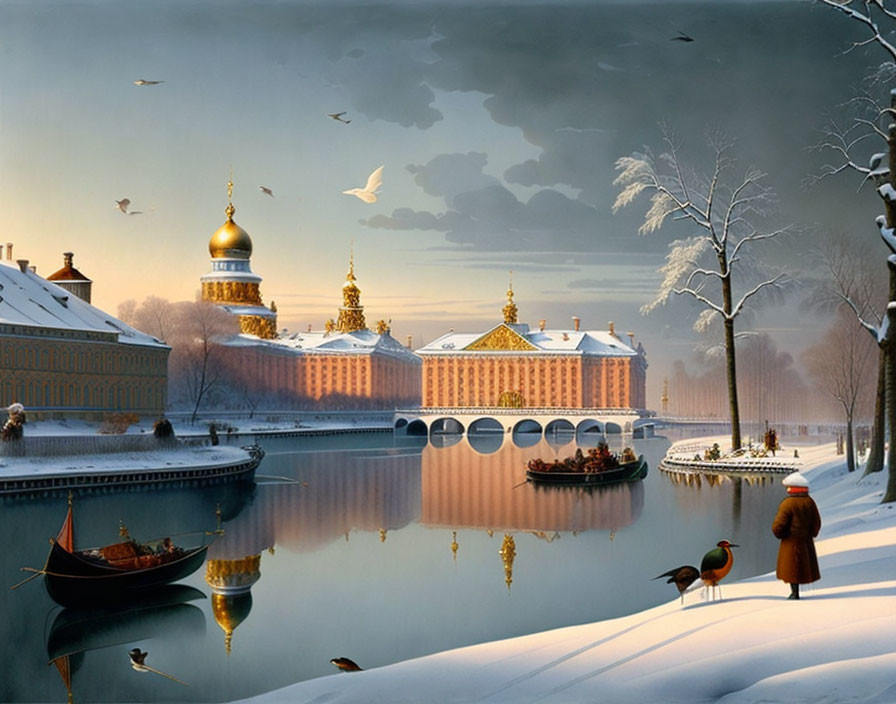 Winter river landscape with golden-domed building, boats, birds, and ducks.
