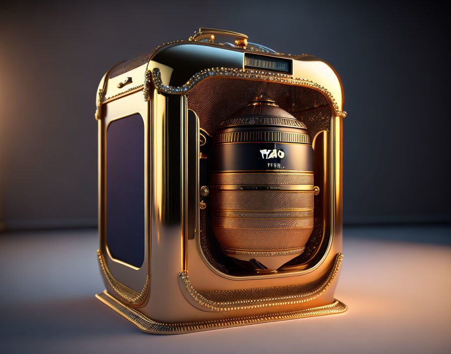 Luxurious Gold and Black Futuristic Pod with Intricate Patterns on Dark Background