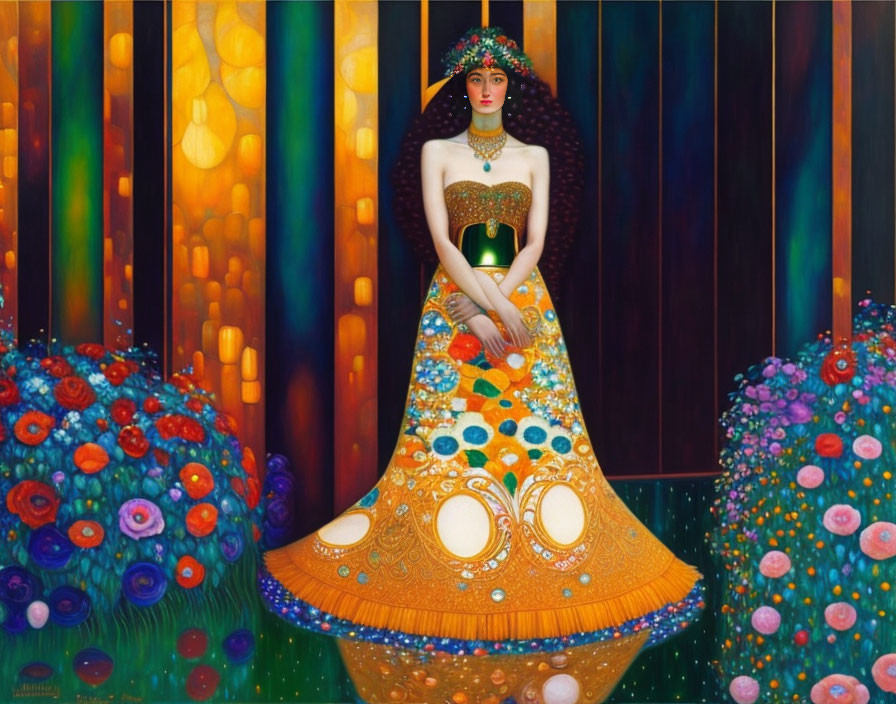 Colorful artwork of a woman in ornate gown surrounded by flowers and patterns