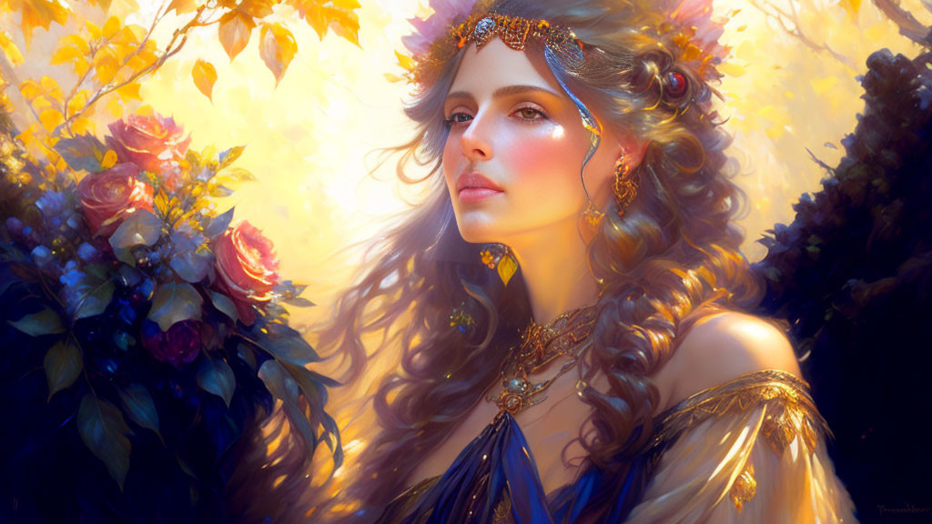 Ethereal woman with flowing hair in golden autumnal setting