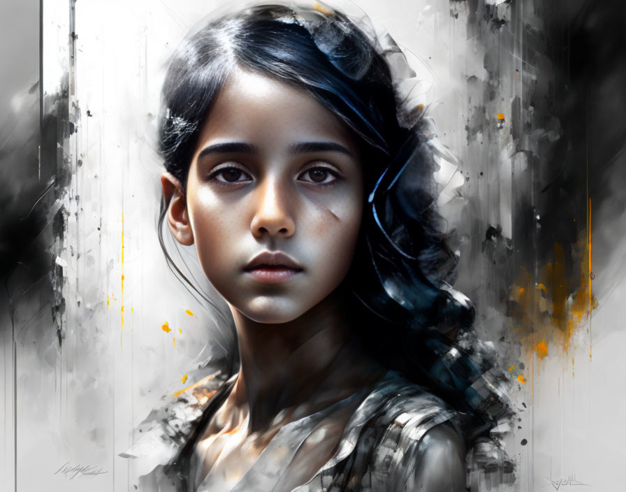 Young girl portrait with dark hair and eyes in grayscale with yellow accents