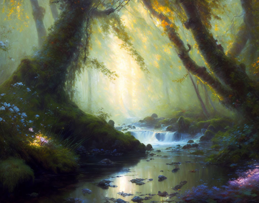 Ethereal forest scene with sunlight, mist, stream, moss-covered trees, wildflowers