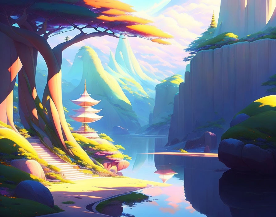 Colorful Fantasy Landscape with River and Mountains