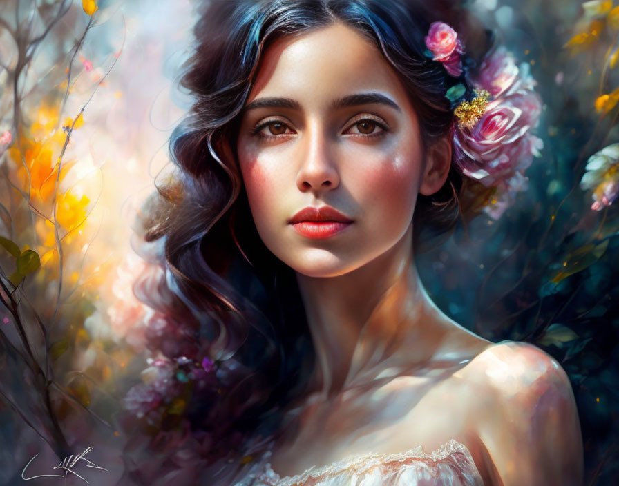 Dark-haired woman with floral adornments in serene digital painting