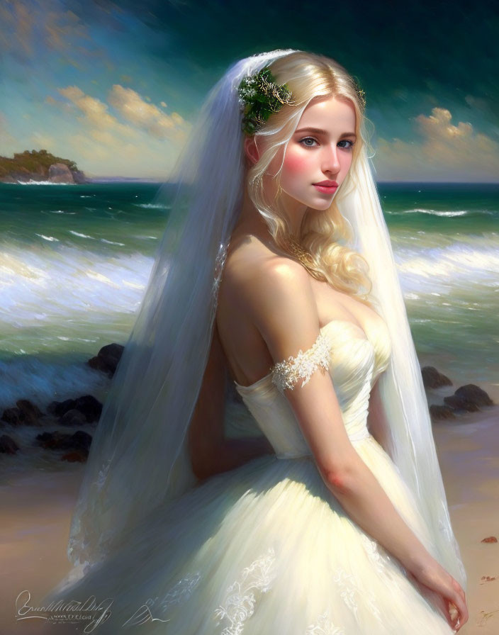 Young woman in bridal gown with veil and floral headpiece on serene beach.