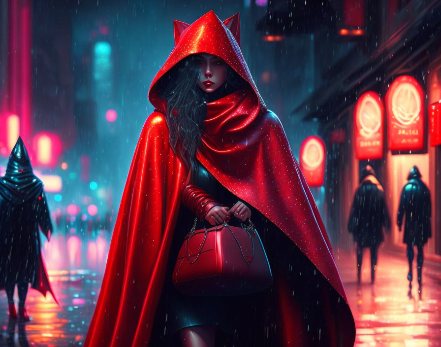 Woman in vibrant red cloak walks through neon-lit, rainy street