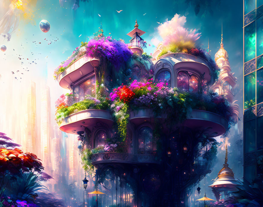 Fantastical floating building with lush flowers and domed roofs amidst futuristic cityscape.