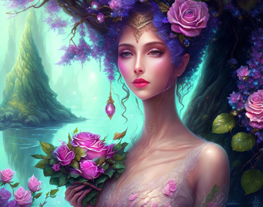 Ethereal fantasy portrait of a woman with floral adornments