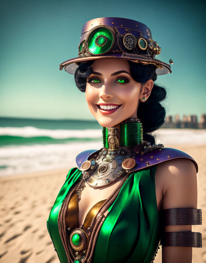 Steampunk woman in gear-adorned top hat and green goggles at sunny beach