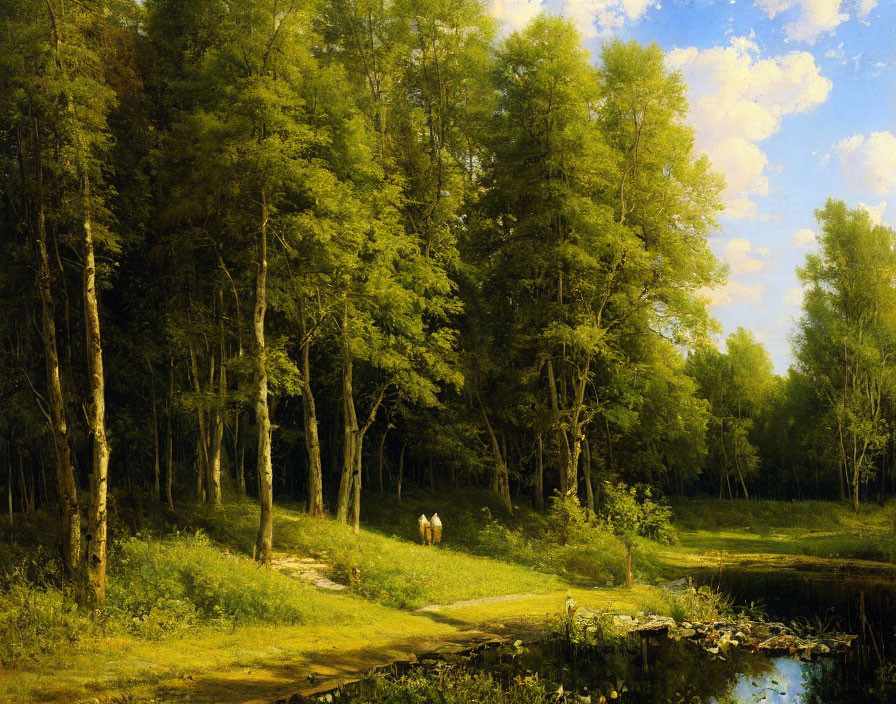 Tranquil forest landscape with green trees, stream, and walking individuals