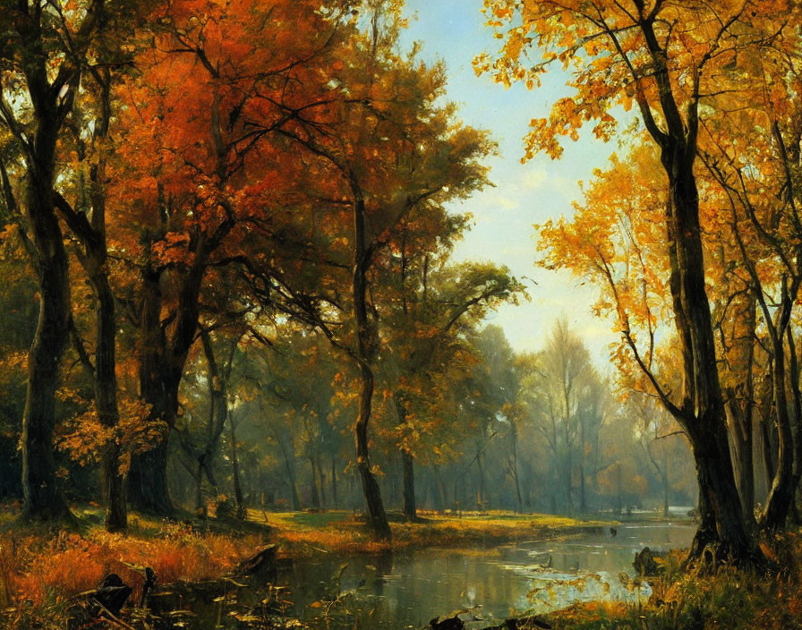 Tranquil autumn forest with vibrant foliage and serene water