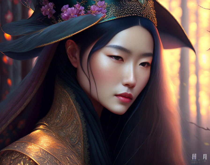 Asian woman in traditional attire with floral hat in digital portrait