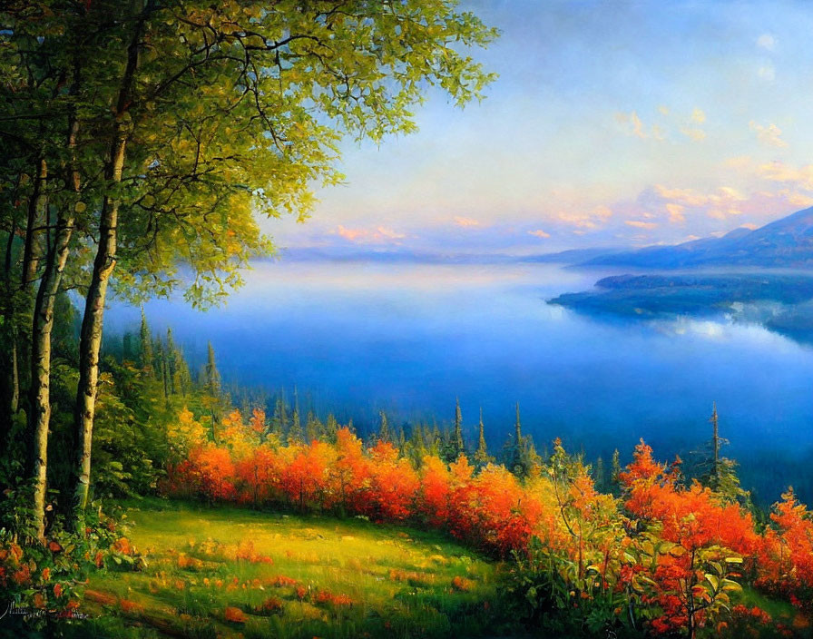 Vibrant autumn forest beside misty lake and mountains