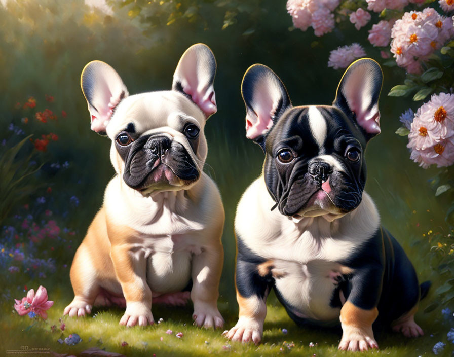 Two French Bulldog Puppies Among Flowers: One White with Brown Patch, One Black with White Features