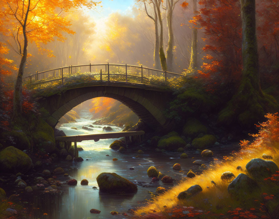 Tranquil river scene with stone bridge in autumn