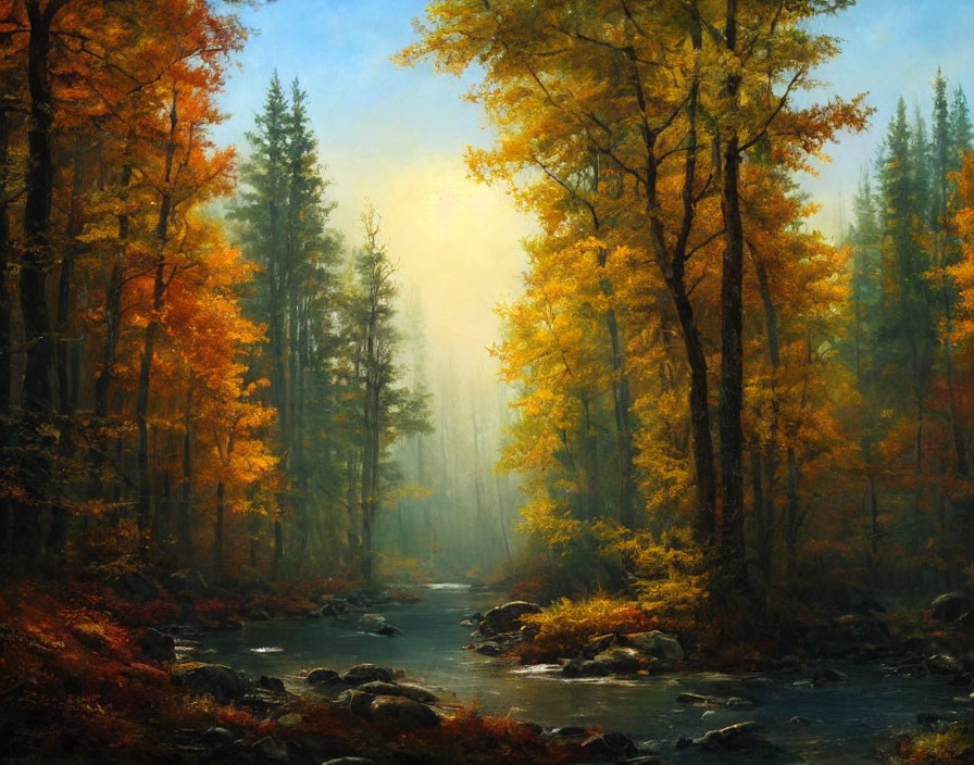 Sunlit Autumn Forest with Stream and Golden Leaves