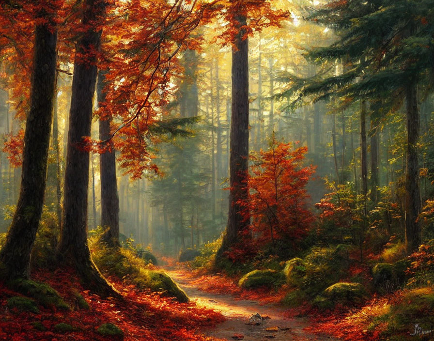 Tranquil Forest Path with Autumn Sunlight Filtering Through Leaves