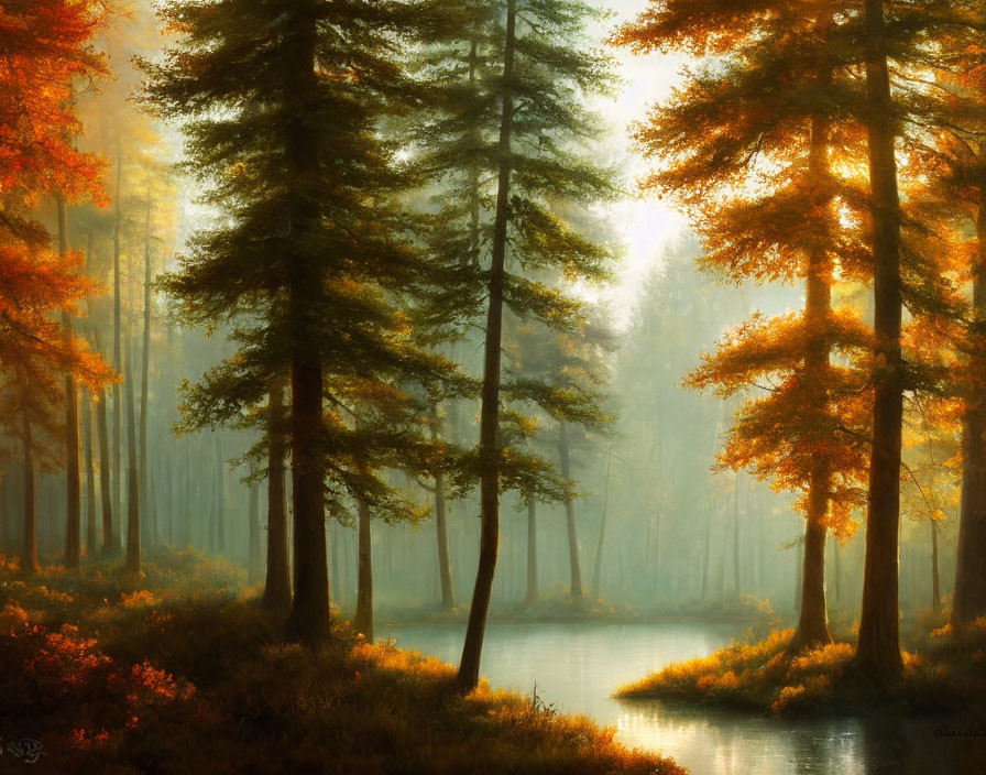 Serene forest with autumn-colored trees and tranquil pond in sunlight