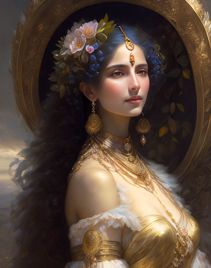 Elaborate gold jewelry adorns regal woman in ornate round mirror