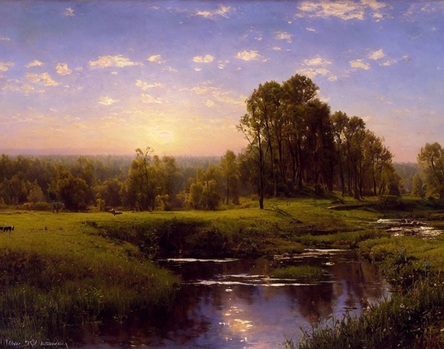 Tranquil landscape painting: sunset over river, trees on bank, cows grazing.