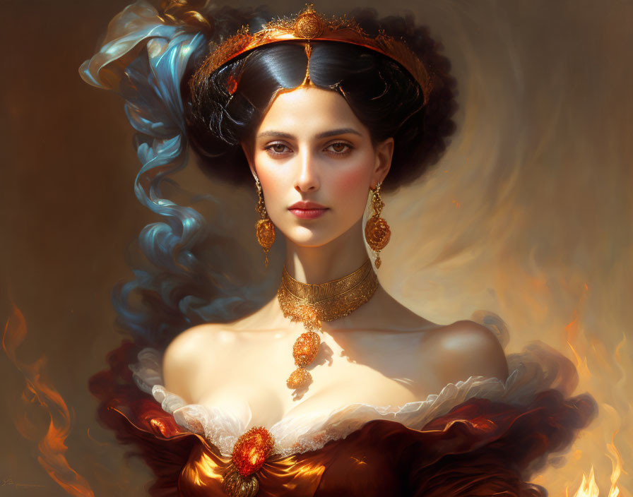 Dark-haired woman in regal attire with golden headpiece and fiery blue gown.