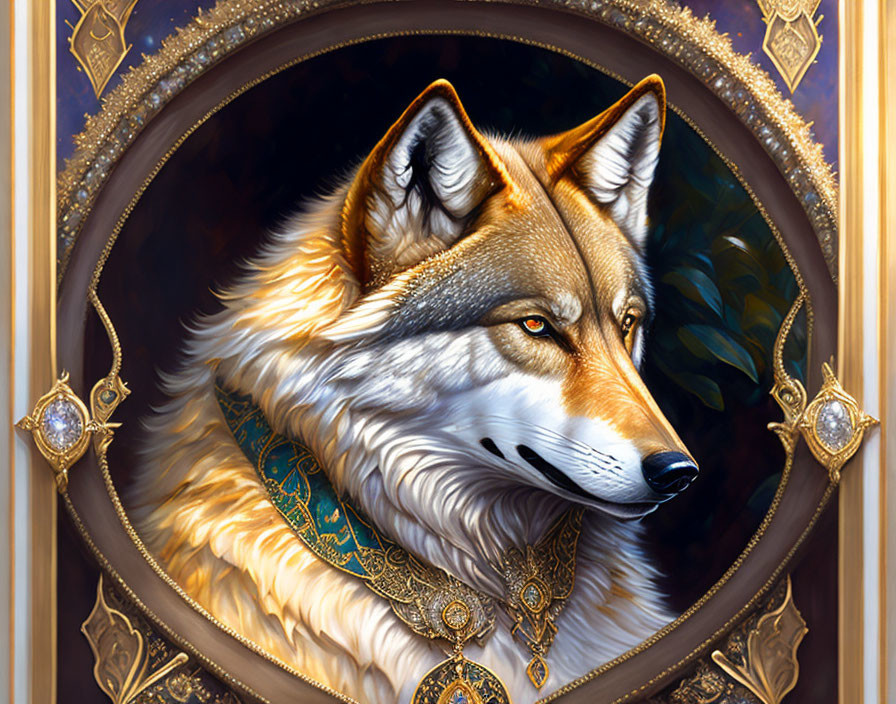 Detailed painting of majestic wolf with ornate jewelry in baroque-style golden frame