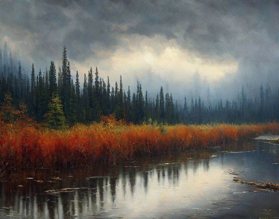 Tranquil landscape: reflective river, autumn shrubs, evergreens, cloudy sky