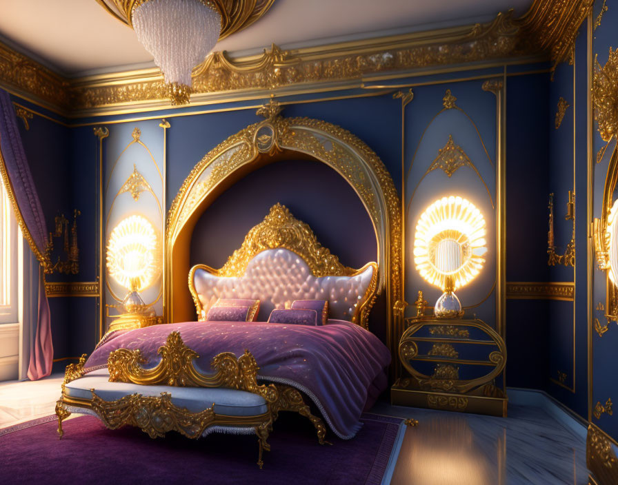 Luxurious Bedroom with Gold-Trimmed Bed and Ornate Mirrors