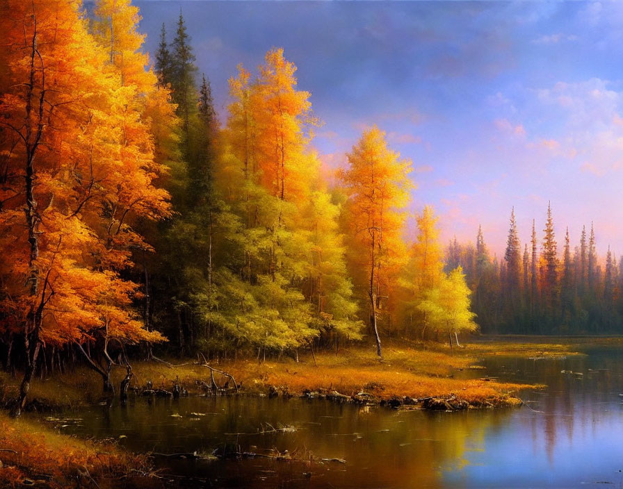 Tranquil autumn landscape with vibrant trees and calm lake