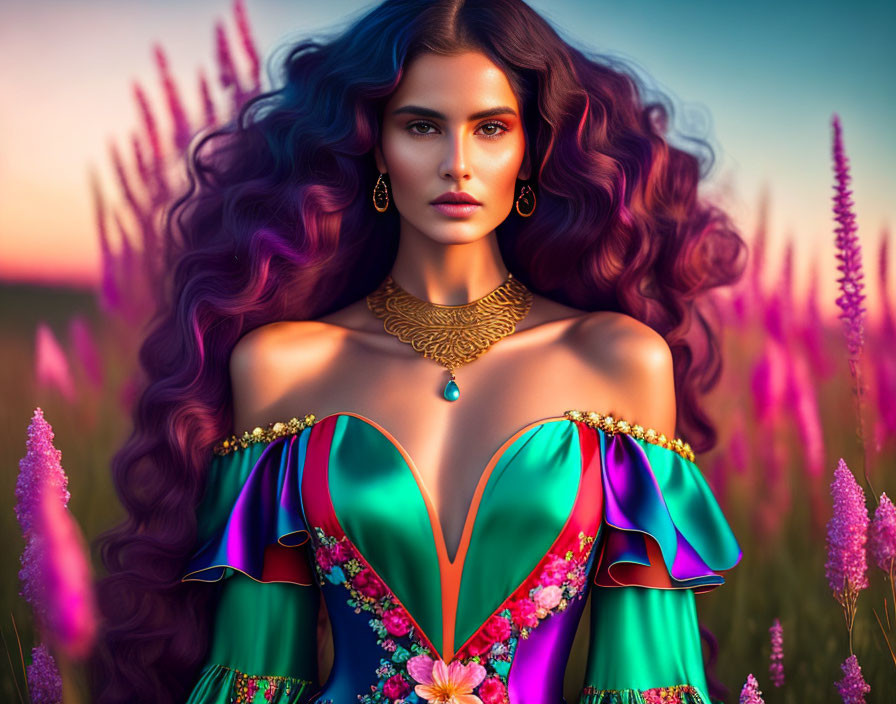 Vibrant digital artwork: Woman with curly hair in off-the-shoulder gown, gold jewelry