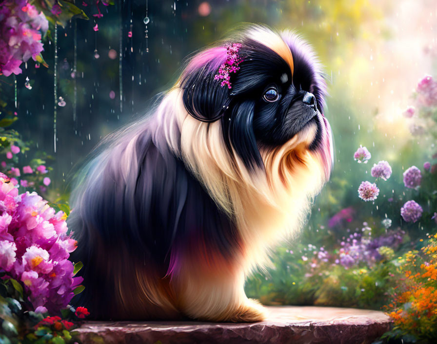 Long-haired black and tan dog in dreamy garden with pink blossoms