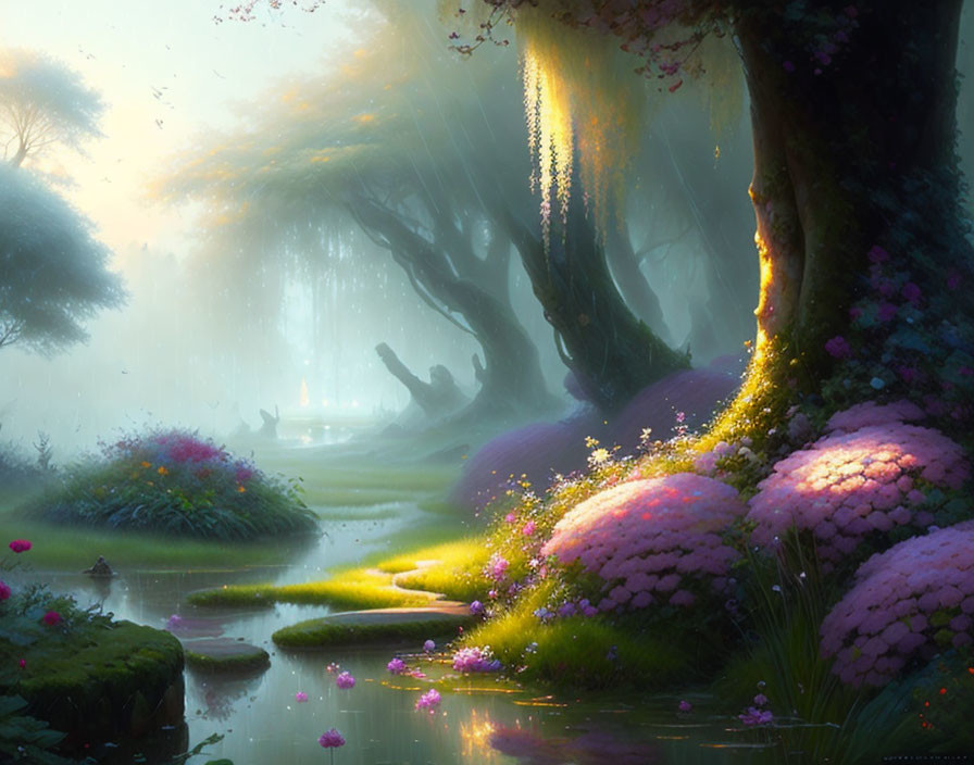 Tranquil forest glade with pink flora, water, stepping stones, mist, and majestic trees