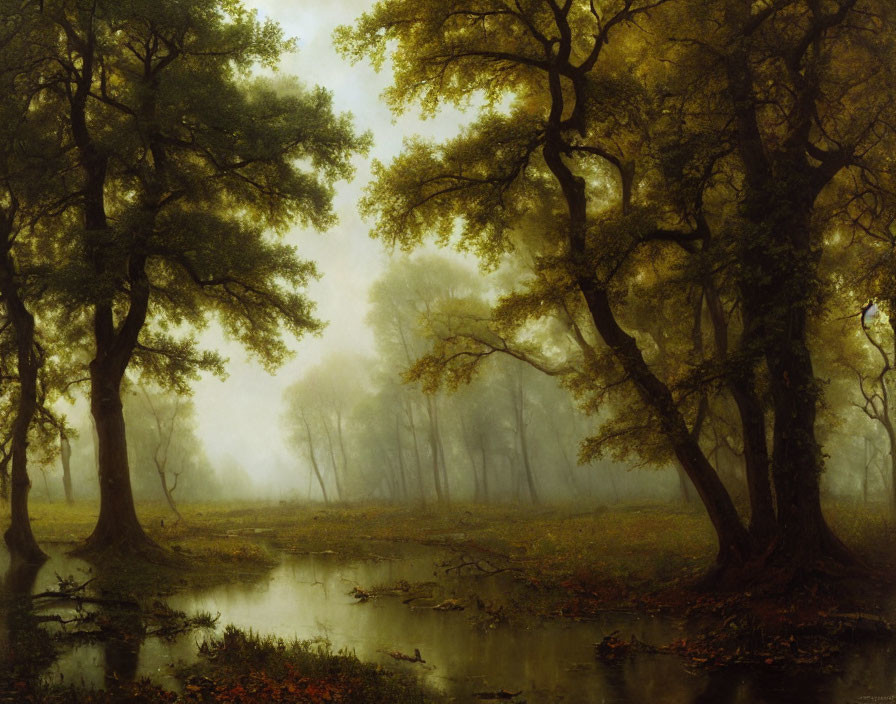 Misty forest scene with stream and tall trees