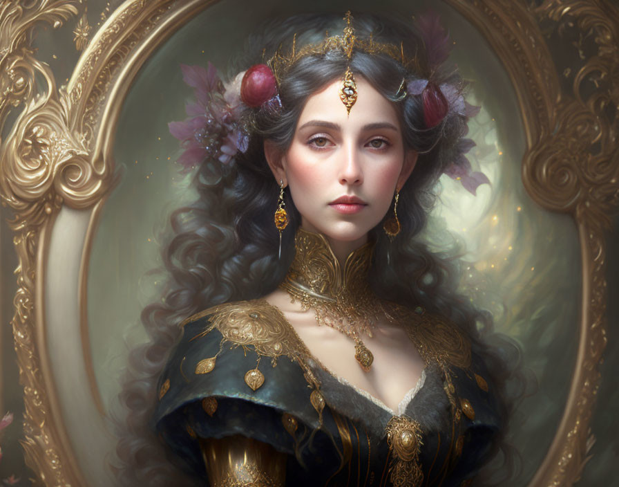 Regal woman in golden crown and jewelry framed by ornate mirror