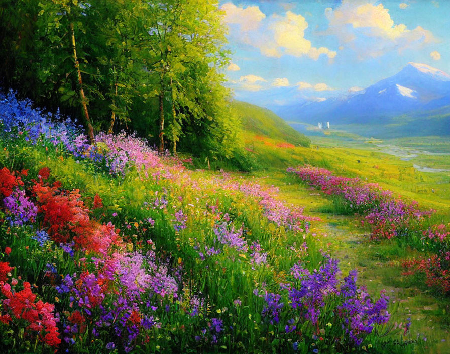 Colorful Meadow Landscape Painting with Flowers, Hills, and Mountains