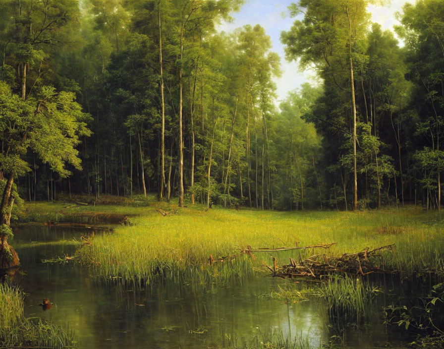 Tranquil forest scene with lush trees and calm pond.