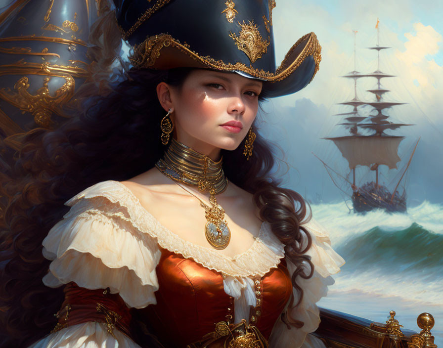 Elaborate Pirate Outfit with Tricorn Hat on Woman