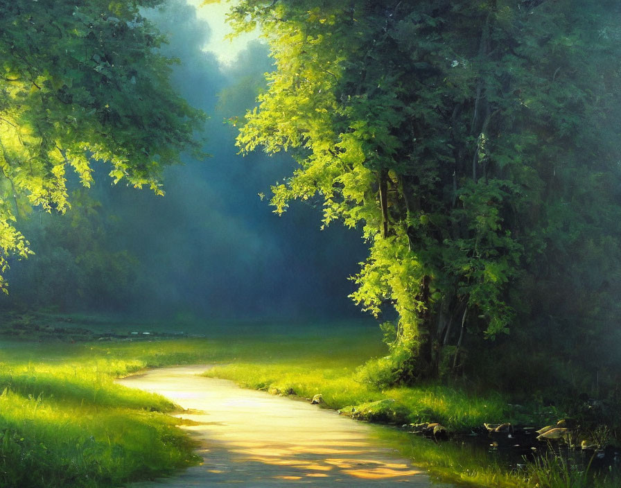 Tranquil forest landscape with winding stream path