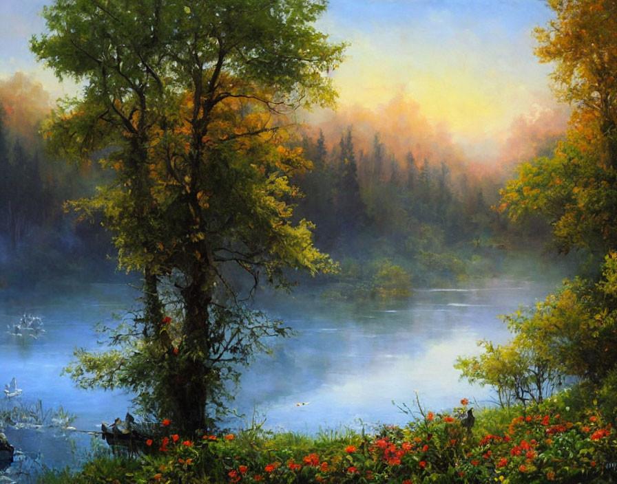 Misty River Landscape with Lush Foliage at Dawn